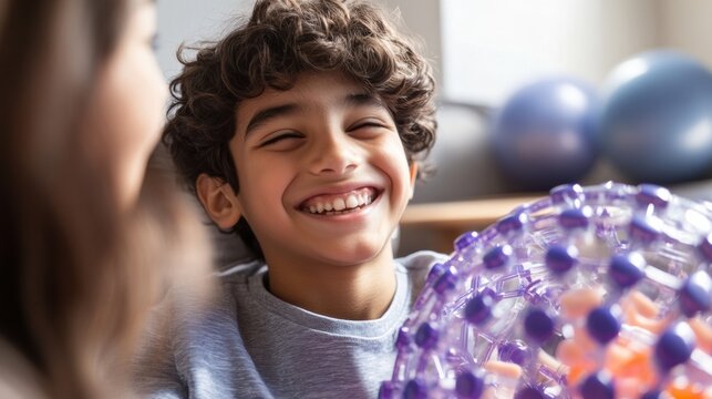 Guiding young child through motor skill exercises with therapy tools during developmental disabilities awareness month