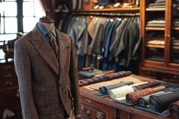 Fototapeta premium Classic tailored suit on a mannequin in a high-end vintage clothing store.