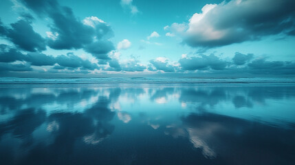 A serene beach at low tide with calm shallows reflecting the sky, a peaceful scene of emptiness and tranquility, with blurred background and open space for a blank caption.

