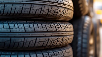 A stack of new car tires neatly arranged in a close up shot showcasing the visible tread with ample copy space image