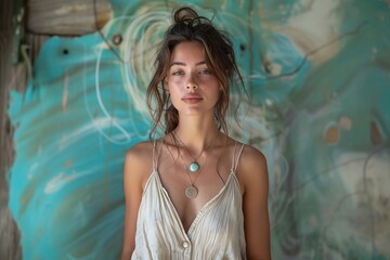 Young bohemian woman in white dress with silver pendant standing against vibrant artistic background, free-spirited energy, festival fashion, soft natural lighting, creative portrait, serene beauty, c