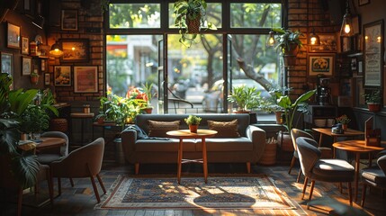 A cozy coffee shop interior with plush armchairs and sofas arranged around low wooden tables, soft yellow lighting casting a warm glow, and potted plants in every corner, creating a tranquil space