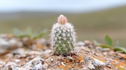 Blooming cactus on rocky terrain, arid landscape background