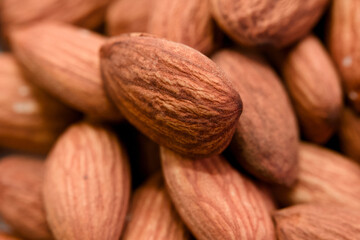 Close view of unpeeled almonds arranged together on a surface in natural light