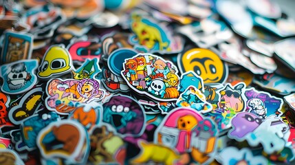 Pile of stickers with artistic and pop-culture elements. Collectors, designers and creative projects
