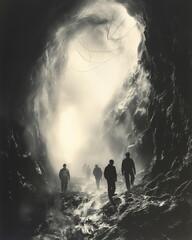 Obraz premium Exiting a coal mine miners emerge from a dark tunn_011