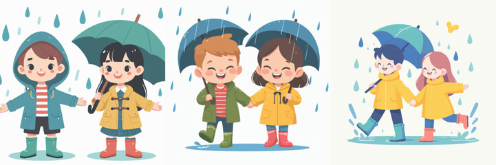 set vector kids playing in the rain