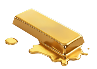 Shiny gold bar partially melting with golden liquid dripping, isolated on transparent cutout background