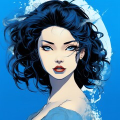 Woman with blue hair and striking eyes against a vibrant blue background showcasing her unique beauty and style