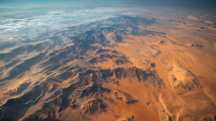 Fototapeta premium Stunning vistas reveal the breathtaking landscape of The Empty Quarter Desert, where rolling sand dunes meet rugged mountains against a tranquil sky, capturing the essence of this arid wonderland