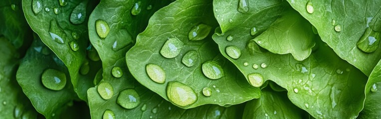 This macro shot showcases the intricate details of water droplets resting on lush green lettuce leaves. The freshness and vibrancy are enhanced by the high resolution
