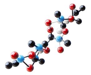 Molecular model with glossy spheres representing elements and chemical bonds, isolated on transparent cutout background