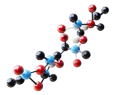 Molecular model with glossy spheres representing elements and chemical bonds, isolated on transparent cutout background