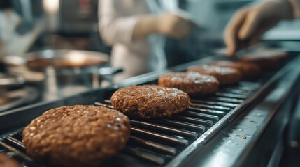 Workers in a food processing facility prepare plant based burger patties on a conveyor belt, showcasing the efficiency and technology in modern food manufacturing