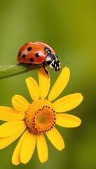 A stunning macro shot of a ladybug delicately perched on a vibrant yellow flower, showcasing intricate details of its glossy red shell and black spots against a soft-focus background