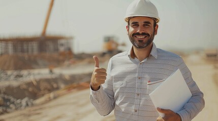 a contractor in a white hardhat stands with his back against the background of a building under construction with space for text