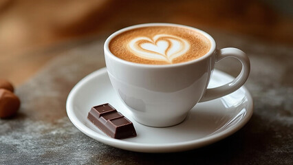 Coffee with love &ndash; a cappuccino cup with a heart pattern on the foam, next to chocolates