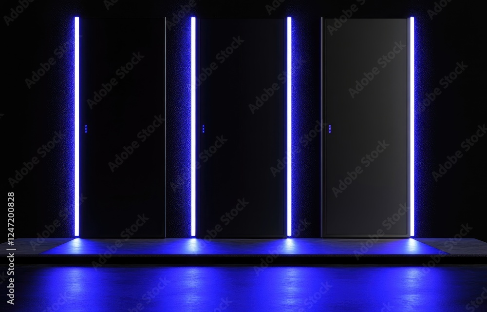Poster sleek futuristic data center panels illuminated by vibrant blue lights, creating a high-tech and sec