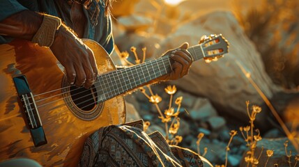 One bearded man is playing guitar. Summer holidays, vacation, relax and lifestyle consept. Camping time.