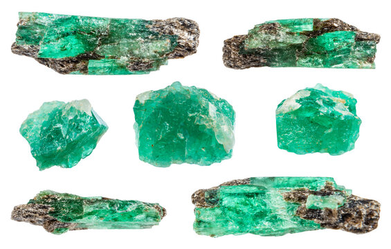 various samples of raw emerald minerals isolated