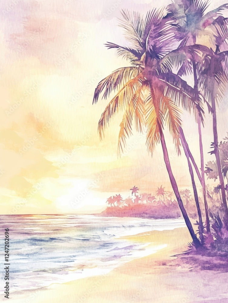 Aufkleber watercolor illustration of a tropical beach at sunset with palm trees and calm ocean waves. generati