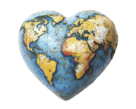 Heart-shaped world globe, isolated on transparent cutout background