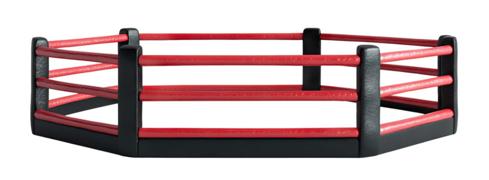 MMA style hexagonal fighting ring with ropes and posts, isolated on transparent cutout background	
