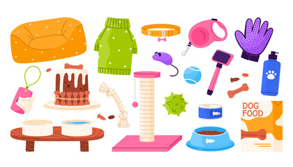 Set of different pet equipment, accessories. Dogs and cats shop goods for care, feeding, grooming and leisure. Flat vector illustration in cartoon style. Isolated white background