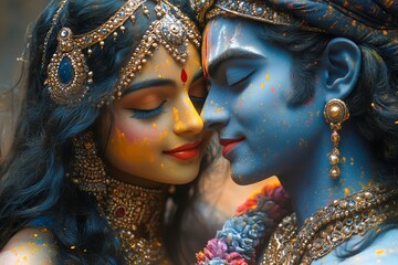 A romantic depiction of Lord Krishna and Radha sharing an intimate moment, adorned with Holi colors and traditional gold ornaments.