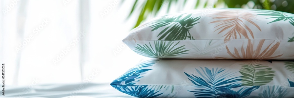 Aufkleber Soft summer pillows with tropical patterns on a light fabric setting by a sunny window. Generative AI