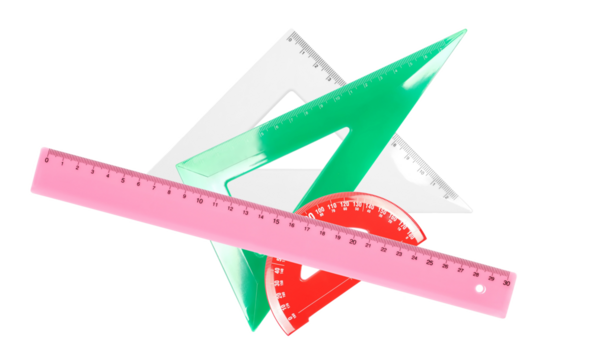 Colorful plastic triangle, ruler and semicircle, isolated on white background, top view