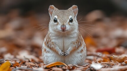 Cute chipmunk autumn forest portrait, fall leaves background, wildlife nature photography
