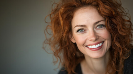 Fototapeta premium Portrait of the cheerful and expressive woman with curly brown hair, big open eyes, and a wide smile, radiating pure happiness. Space for text. Generative AI.