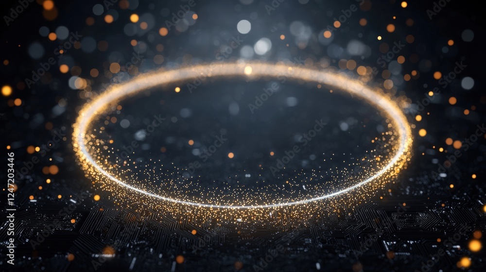 Poster dynamic glow of glittering particles in circular formation digital space visual art dark background 