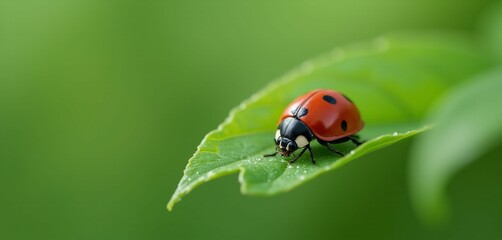Fototapeta premium Ladybug on Green Leaf with Dewdrops Against Neutral Background