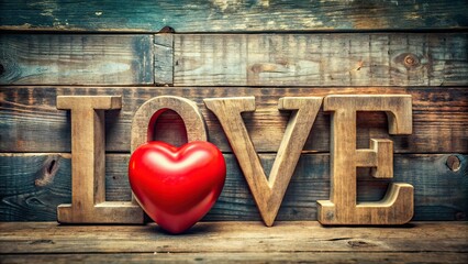 Surreal Love, Wooden Letters, Red Heart, AI Photography, Abstract Art