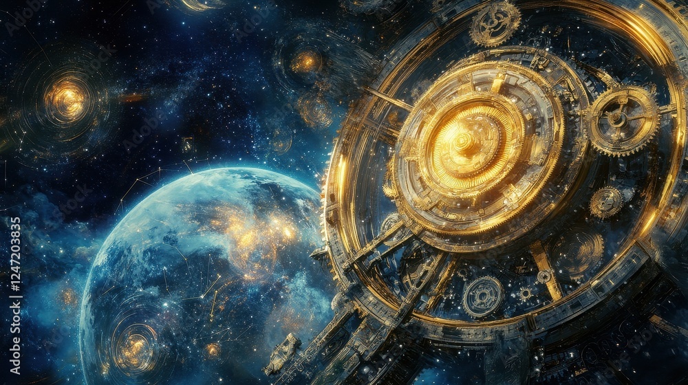 Poster celestial clockwork mechanism orbits distant planet