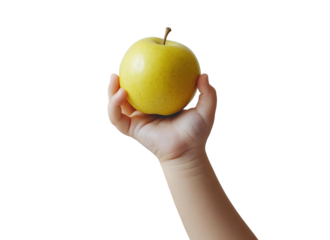 Child&#x27;s hand holding a yellow apple, isolated on transparent cutout background