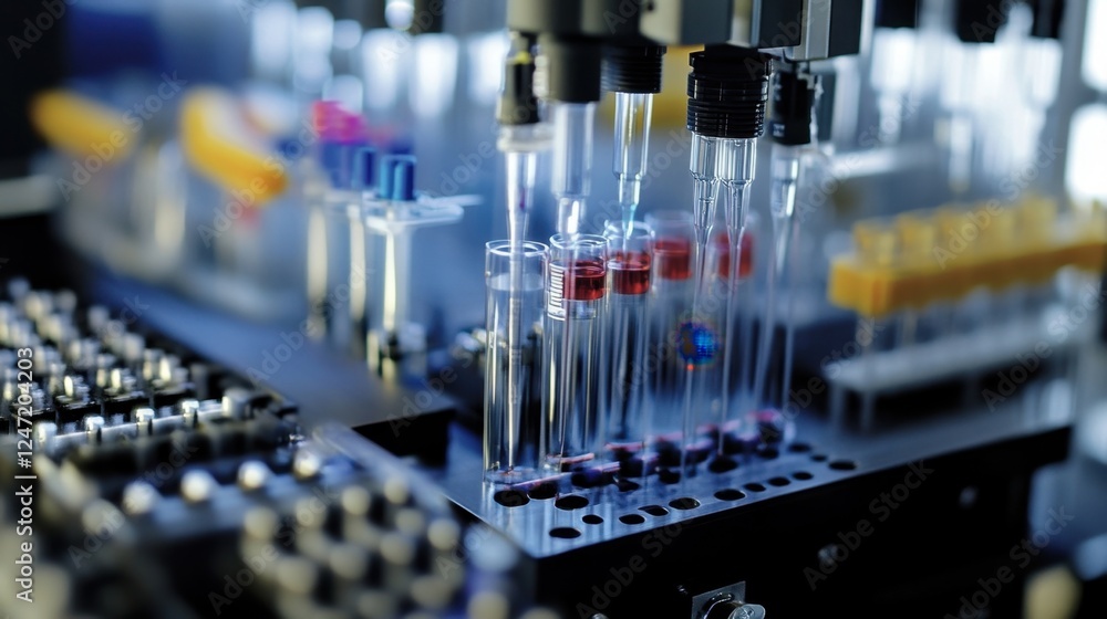 Aufkleber high tech laboratory setup with automated equipment analyzing chemical samples in test tubes. precis