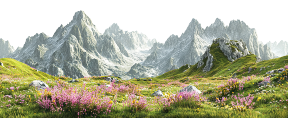 Idyllic mountain landscape with blooming alpine flowers, isolated on transparent cutout background