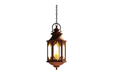 Ornate candle lantern hangs from a chain