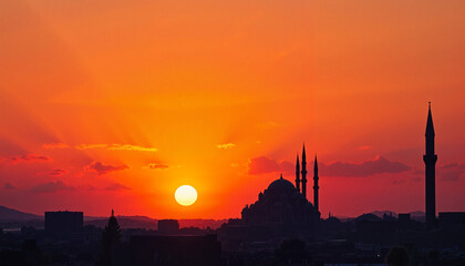 Naklejka premium Silhouette of mosque at sunset, serene spiritual reflection