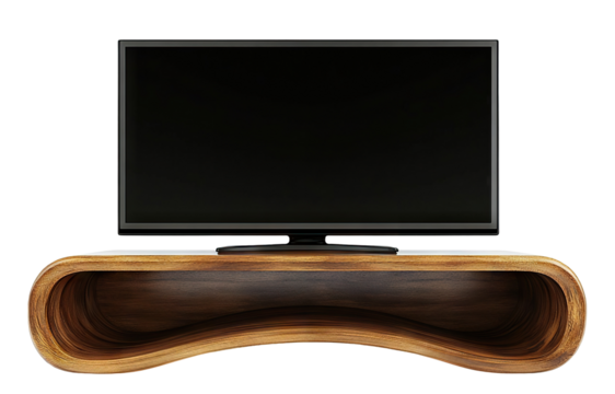 Large flat-screen TV on a modern wooden stand, isolated on transparent cutout background - Powered by Adobe