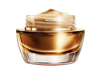 Luxurious golden cream in a glass jar, isolated on transparent cutout background