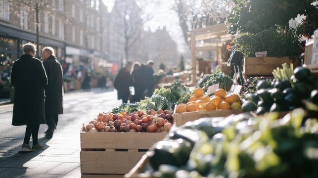 Lively open air farmers market filled with fresh vegetables and fruits in warm natural lighting - Powered by Adobe