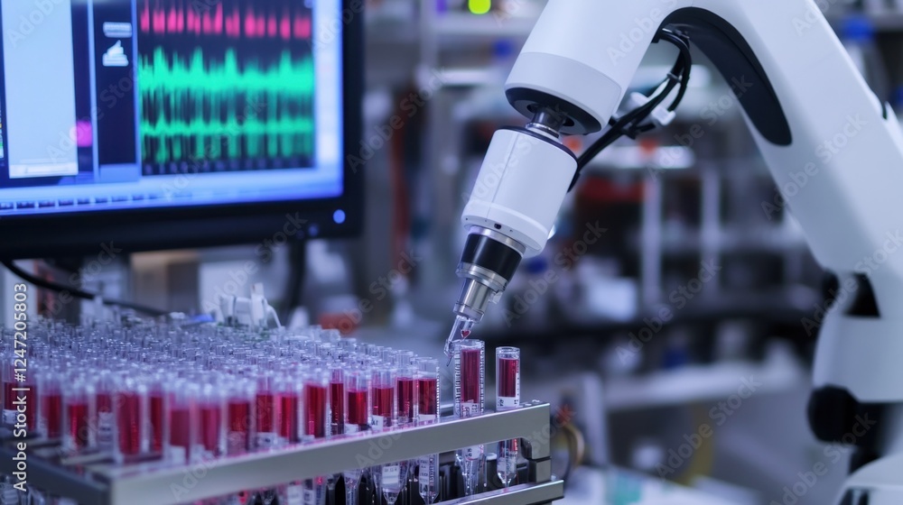 Poster advanced robotic arm analyzing blood samples in a laboratory setting, showcasing automation in scien