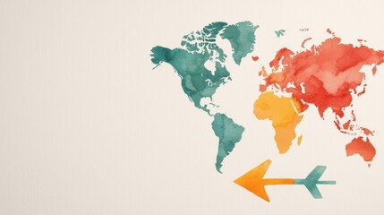 Obraz premium Earth Map in Watercolor Strokes Featuring Vibrant Colors and Stylish Arrow Design