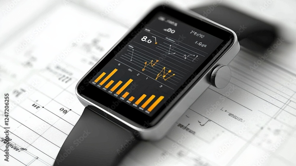 Poster analyzing health metrics smartwatch data digital health technology environment close-up view wellnes