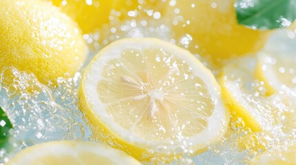 Fresh lemons splashing in water, kitchen background, food photography