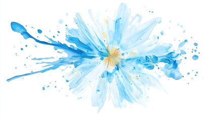 Fototapeta premium A vibrant watercolor splash featuring a blue flower with golden accents, creating an eye-catching artistic effect on a white background.